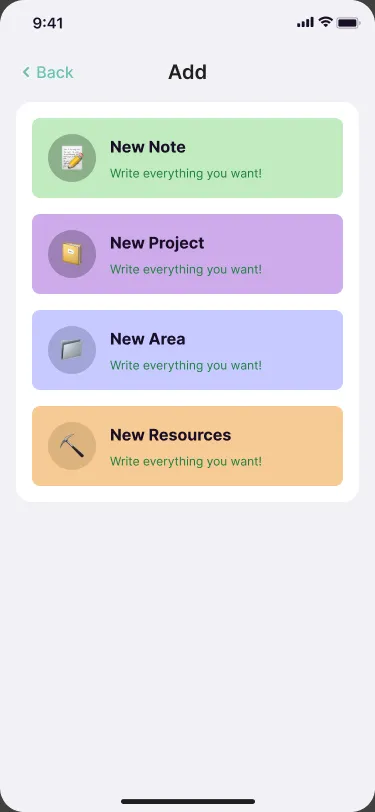Add sheet: new note, new project, new area, new resources