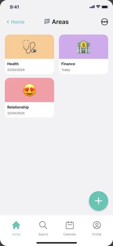 Areas: Health, Finance and Relationship cards