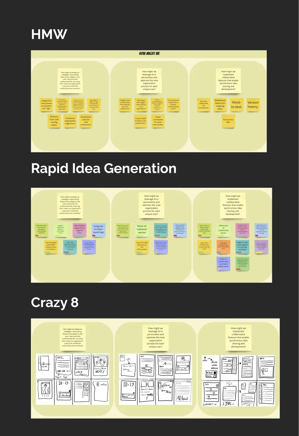 How Might We board, rapid idea generation sticky notes and Crazy 8 sketches for three questions