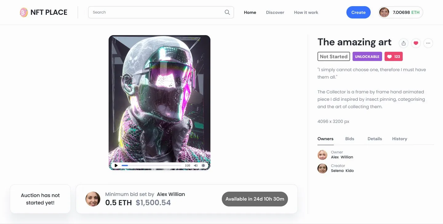Item page before the auction starts: minimum bid and when it becomes available
