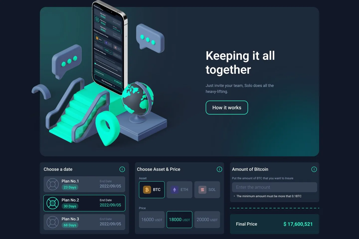 Landing page section with a 3D illustration and a calculator: choose a plan date, asset and price, and amount