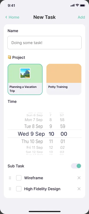 New task: name, linked project, time picker and sub-tasks