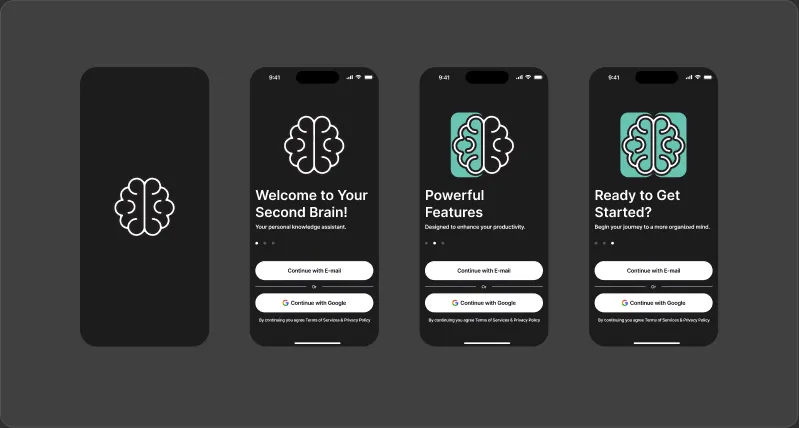 Splash and three onboarding screens with email and Google sign-in