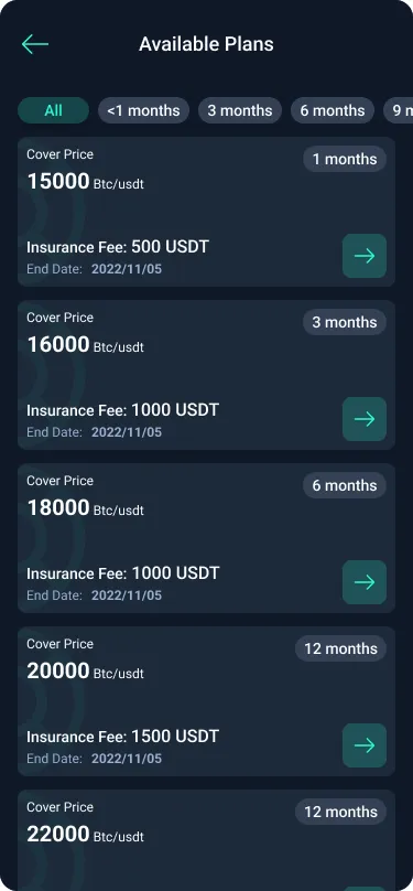 Available plans: cover price, insurance fee and end date for 1 to 12 months