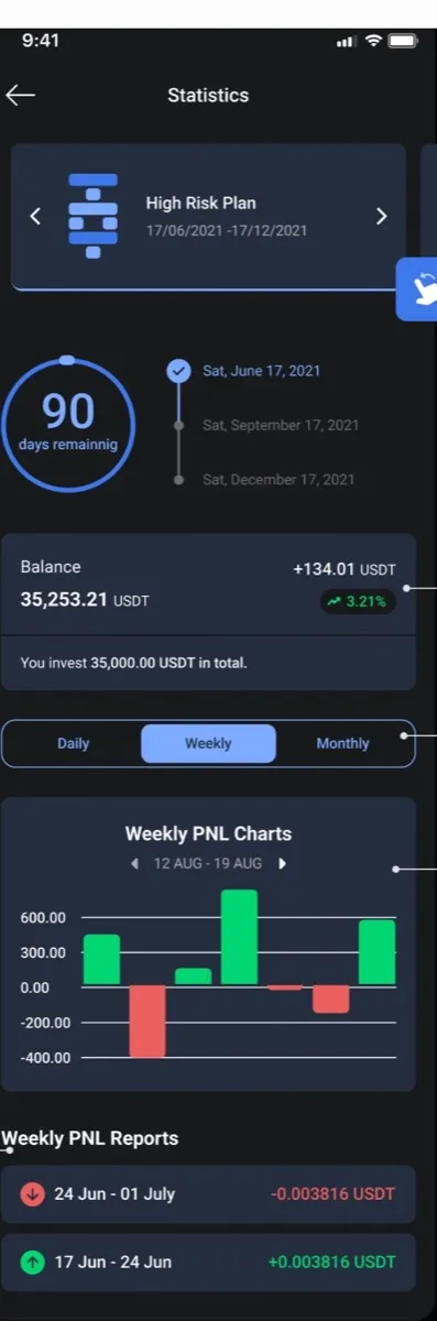 Plan statistics: days remaining, cycle dates, balance and weekly profit and loss